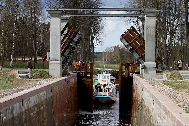 Motor ship sluicing on Augustow Canal